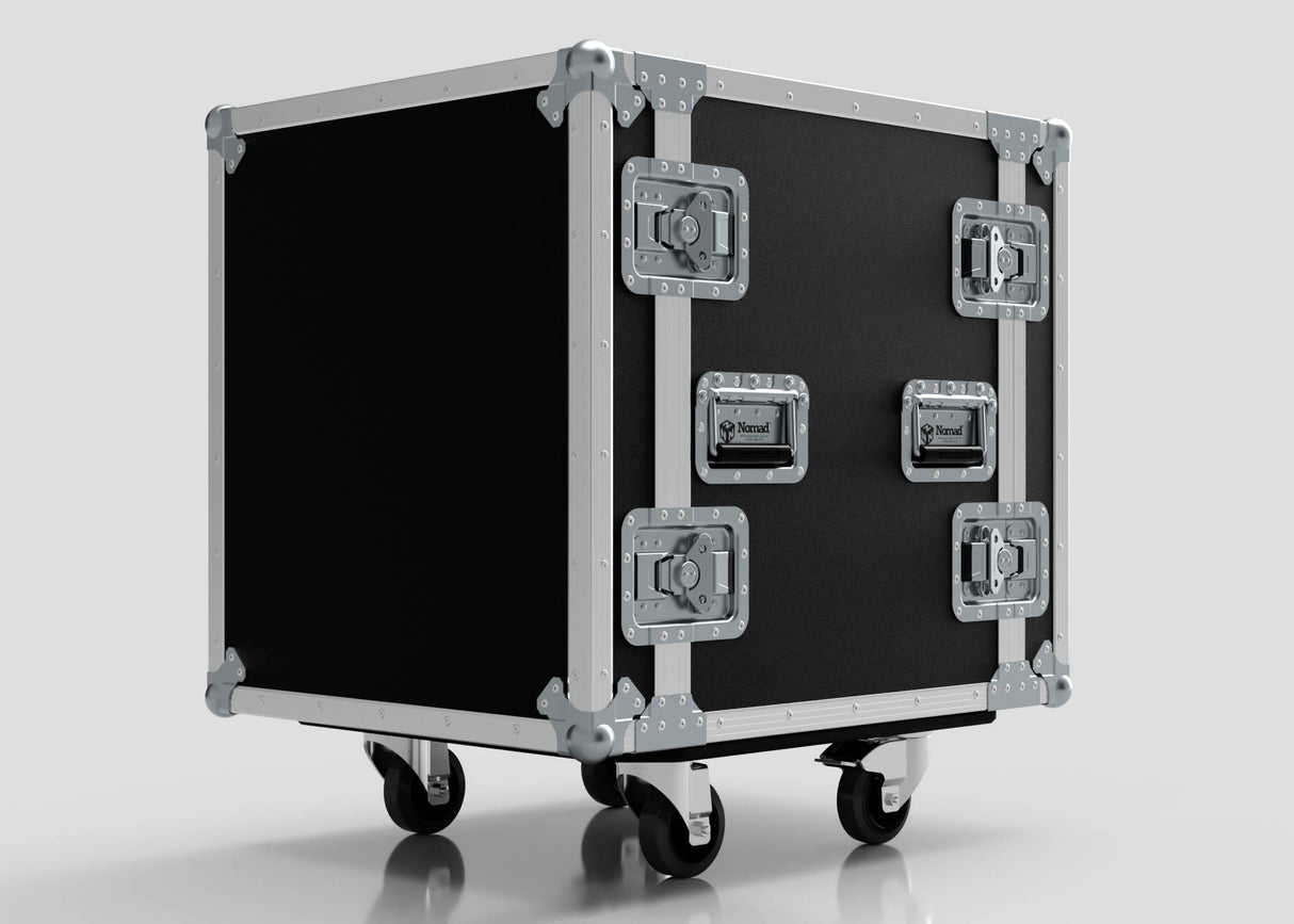 The 15U Foam Shock Mounted 19" Rack Case is a black, wheeled road case with metal reinforcements and handles, built from durable European Birch plywood and fitted with rack strips for secure and protected equipment transport.