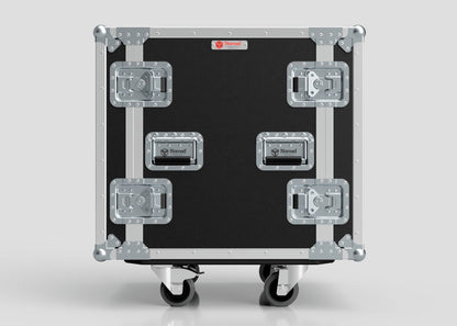 The 15U Foam Shock Mounted 19" Rack Case, featuring a black and silver finish, metal reinforcements, latches, handles, and rack strips, is shown on a light gray background.
