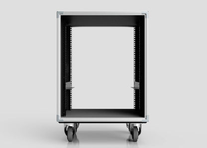 Front view of an empty 15U Slam Rack Case server rack on wheels, displayed against a plain, light background.