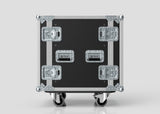 The 15U Standard Rack Case, featuring black and silver metal reinforcement, latches, handles, and wheels, is displayed against a plain light gray background.