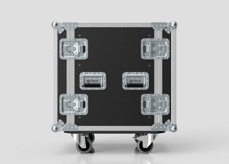 The 15U Standard Rack Case, featuring black and silver metal reinforcement, latches, handles, and wheels, is displayed against a plain light gray background.