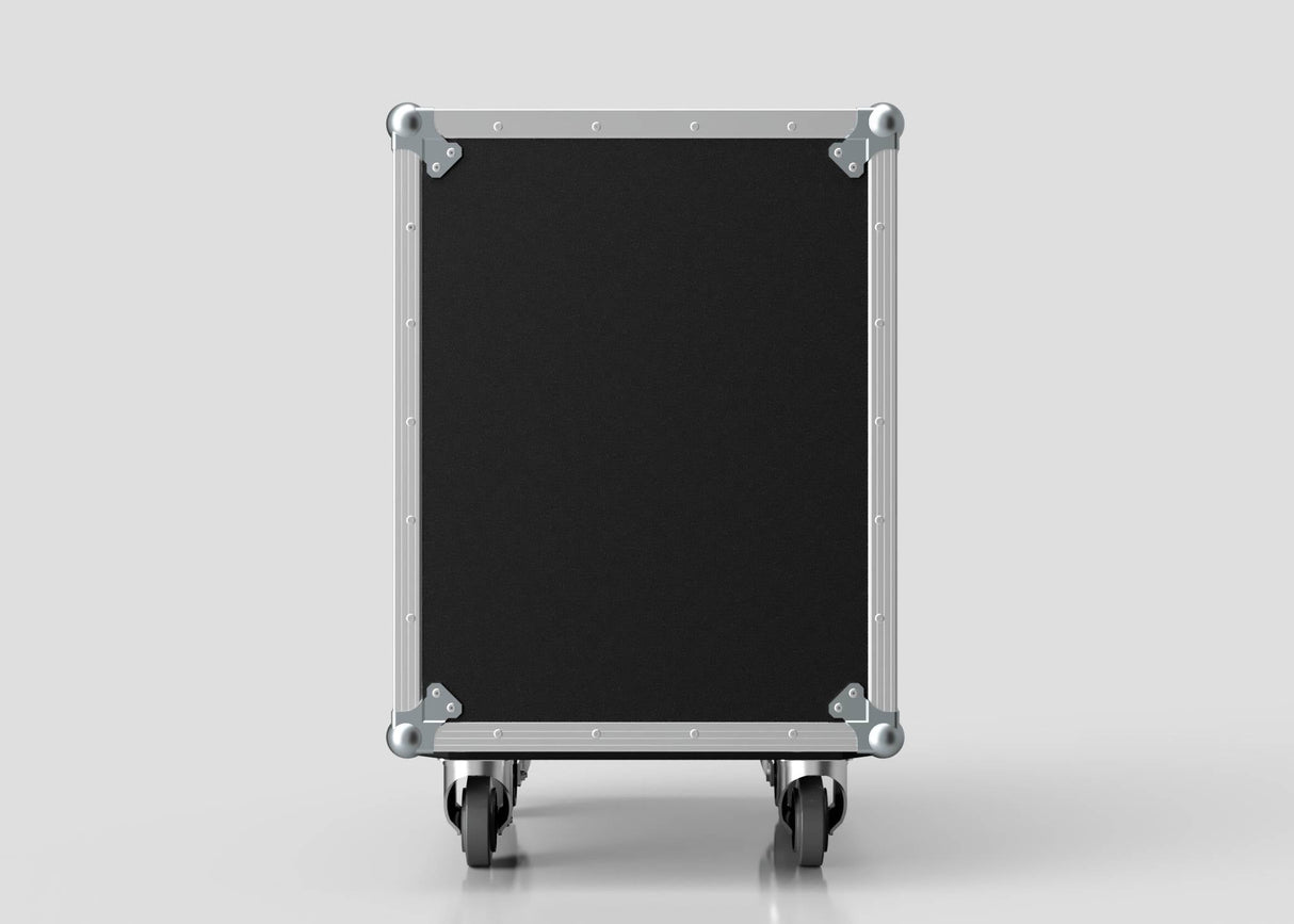 The 15U Standard Rack Case, made of black and silver birch plywood with metal corners and four caster wheels, is displayed upright against a plain light background.
