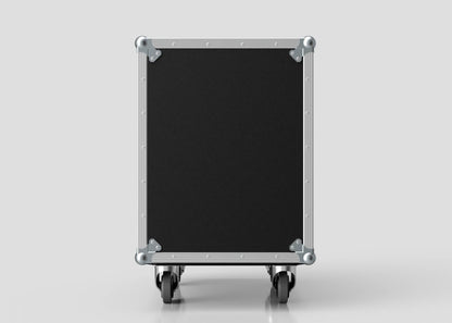 The 15U Standard Rack Case, made of black and silver birch plywood with metal corners and four caster wheels, is displayed upright against a plain light background.