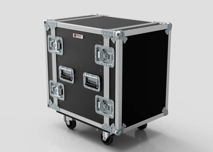 The 15U Standard Rack Case is a black and silver rolling rack mount case featuring metal edges, reinforced corners, latches, handles, and four wheels, displayed against a plain white background.