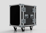 The 15U Standard Rack Case is a black rack mount case with metal reinforcements, four handles, metal latches, and wheels, perfect as an equipment rack, shown against a light gray background.