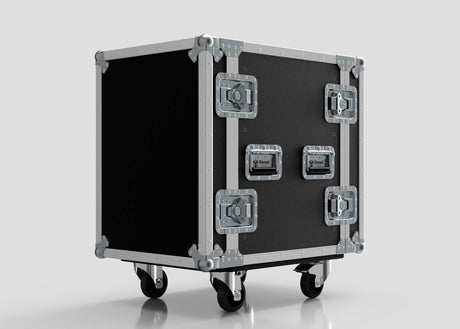 The 15U Standard Rack Case is a black rack mount case with metal reinforcements, four handles, metal latches, and wheels, perfect as an equipment rack, shown against a light gray background.