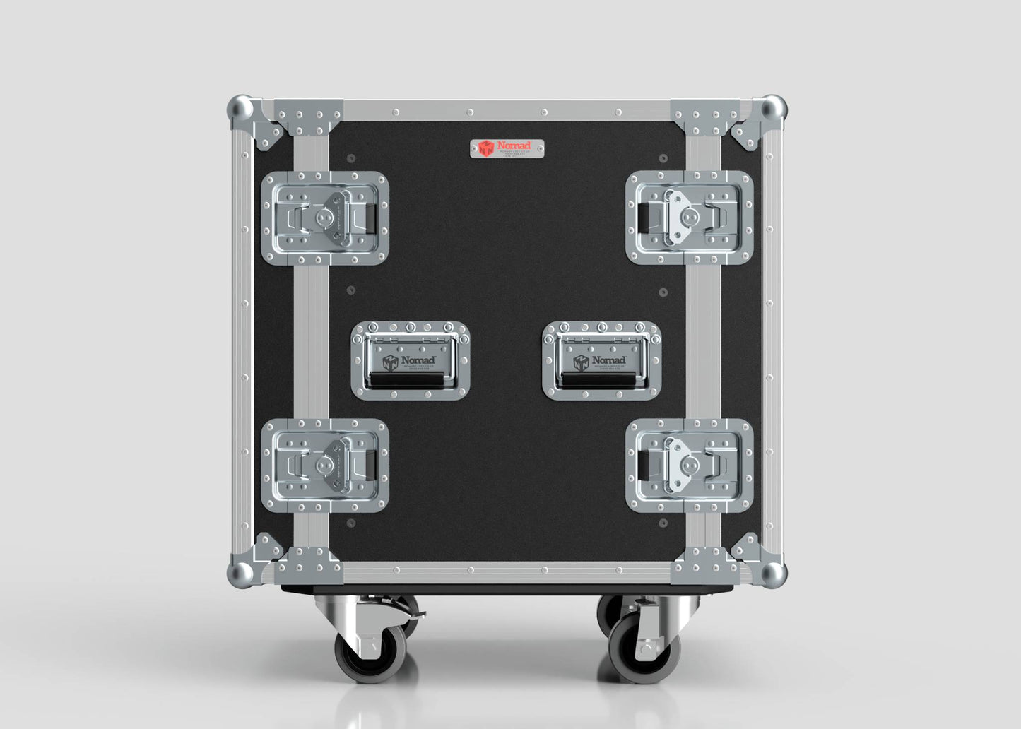 The 15U Standard Rack Case is a black and silver rack mount case with metal reinforcements, multiple latches, handles, and bottom wheels for transport—perfect for secure and easy equipment rack mobility.