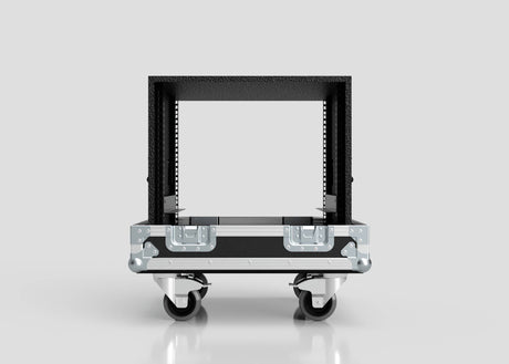 The 15U Standard Rack Sleeve With Case With Lift Off Lid is a black metal rackmount flight case with four caster wheels, an open front, and metal latches, shown against a plain light gray background.