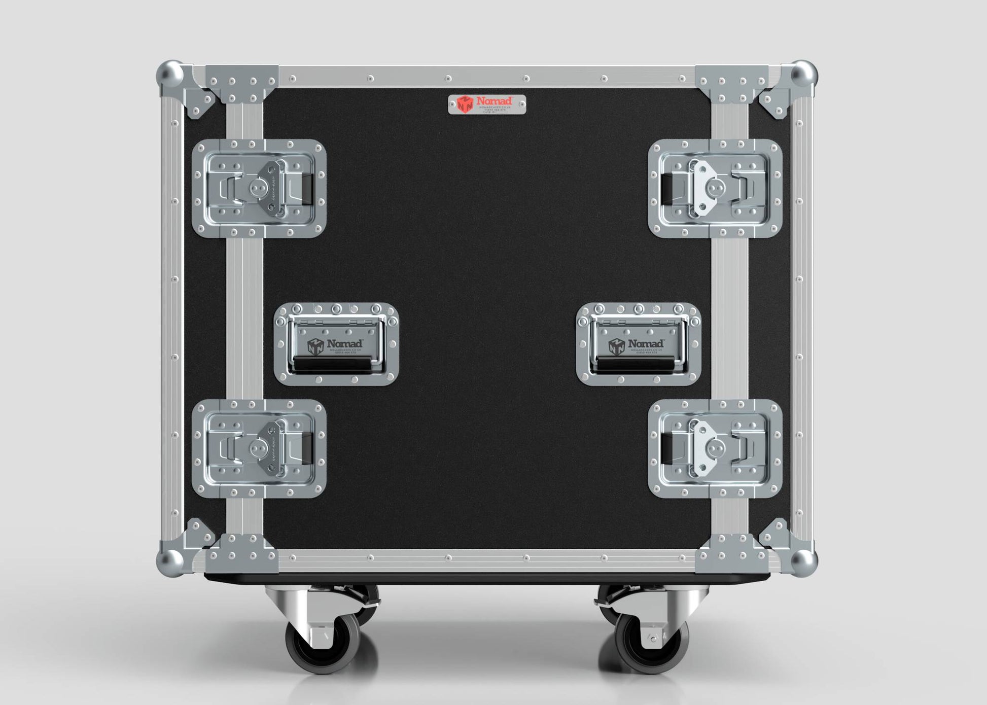 A 15U Suspended Shock Mounted Rack Case in black and silver European Birch plywood with metal reinforcements, four latches, and caster wheels, shown against a light gray background.