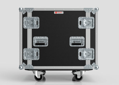 A 15U Suspended Shock Mounted Rack Case in black and silver European Birch plywood with metal reinforcements, four latches, and caster wheels, shown against a light gray background.