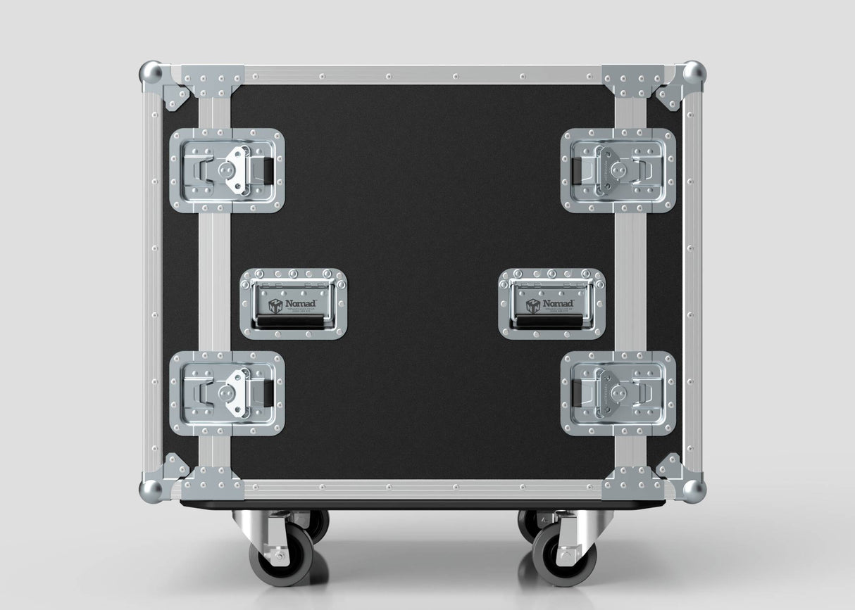 A 15U Suspended Shock Mounted Rack Case in black and silver, made from European Birch plywood with metal corners, four latches, and two wheels, is shown on a plain light gray background.