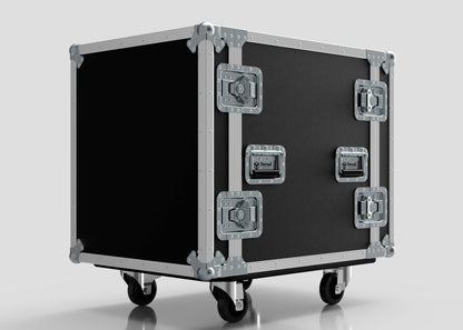 The 15U Suspended Shock Mounted Rack Case is a large black and silver road case made from European Birch plywood with metal reinforcements, handles, and four caster wheels, shown against a plain background.