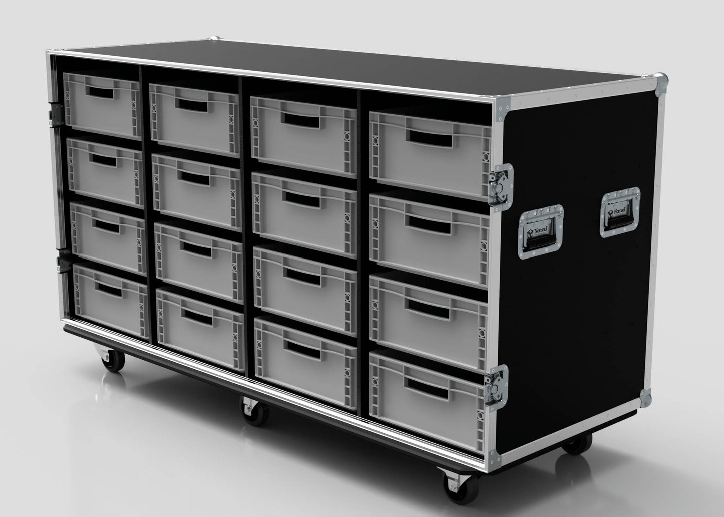 The 16 Way Euro Crate Case is a black and silver rolling storage case with sixteen transparent drawers, side metal handles, and high load capacity—perfect for organizing euro crates or polypropylene food-grade supplies.