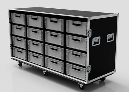 The 16 Way Euro Crate Case is a black and silver rolling storage case with sixteen transparent drawers, side metal handles, and high load capacity—perfect for organizing euro crates or polypropylene food-grade supplies.