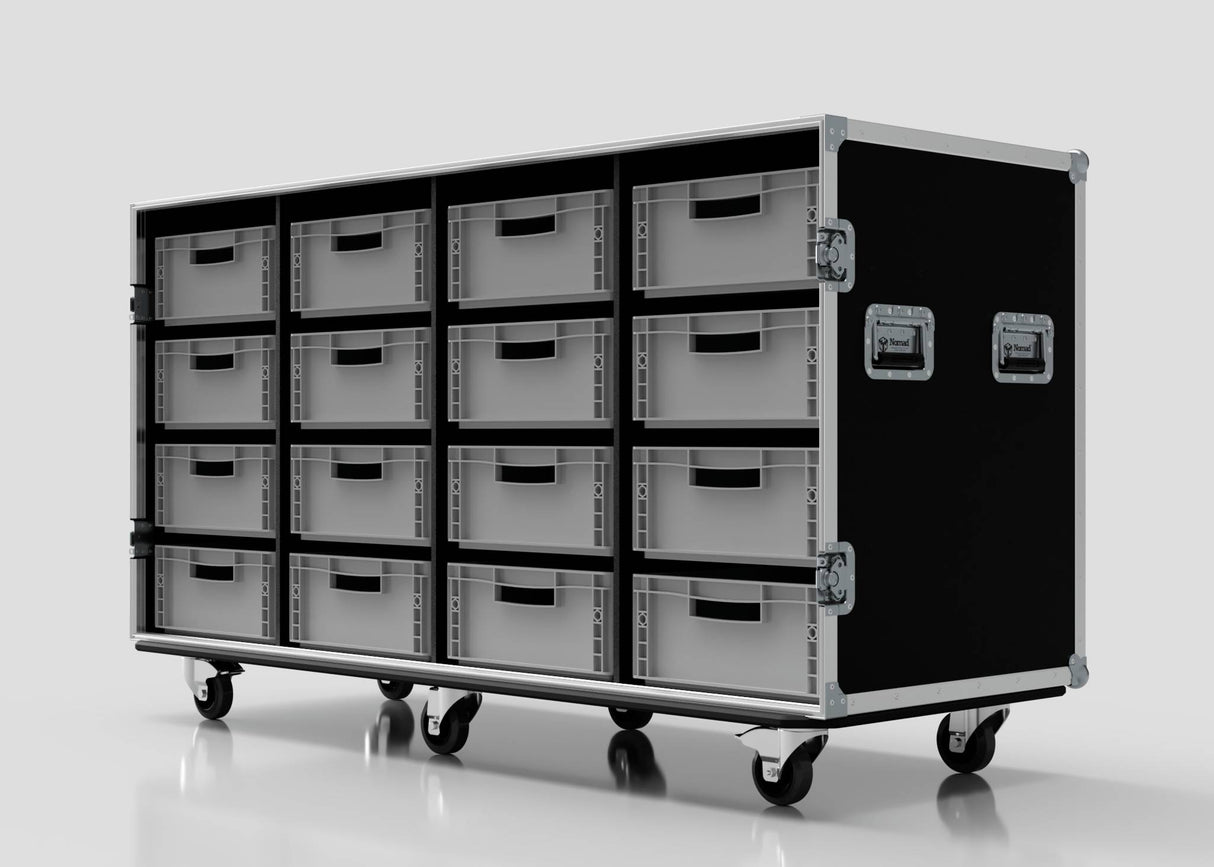 The 16 Way Euro Crate Case is a black rolling storage case with metal edges, handles, and sixteen gray pull-out drawers in three rows, delivering high load capacity for robust organization.