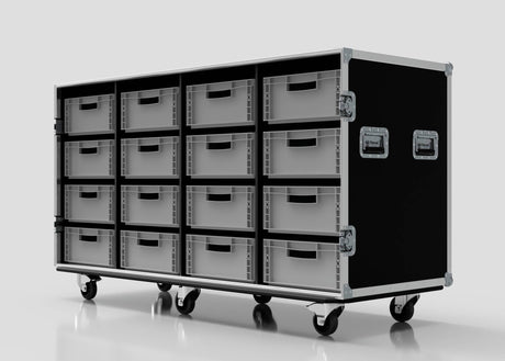 The 16 Way Euro Crate Case is a black rolling storage case with metal edges, handles, and sixteen gray pull-out drawers in three rows, delivering high load capacity for robust organization.