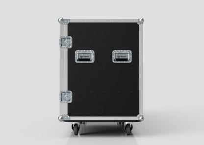 The 16 Way Euro Crate Case is a black and silver rolling equipment case with metal corners, two handles, and two latches, designed for high load capacity. Photographed against a plain white background.