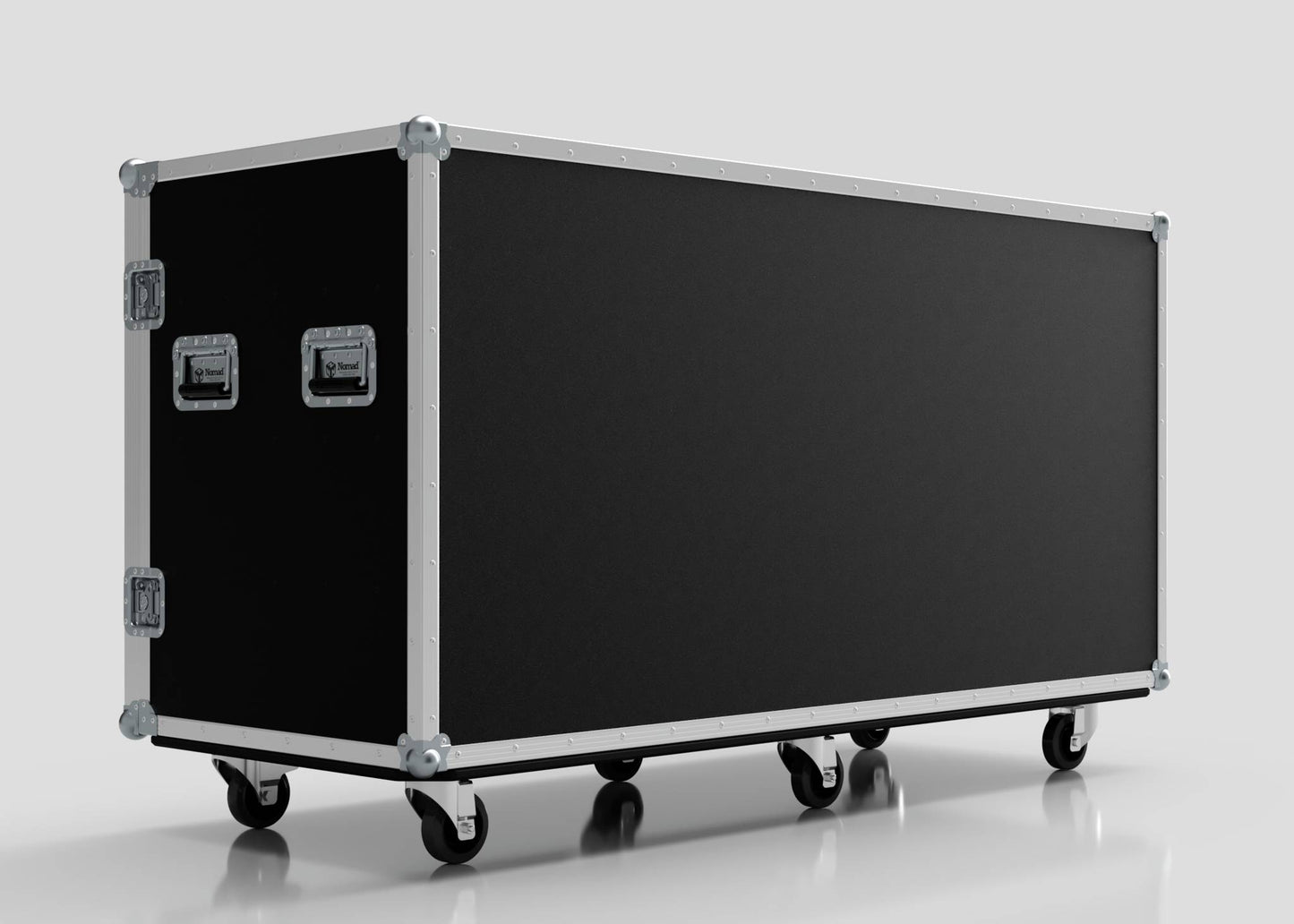 The 16 Way Euro Crate Case is a large rectangular black case with metal edges, handles, latches, and six caster wheels, providing high load capacity for equipment.