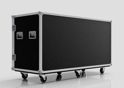 The 16 Way Euro Crate Case is a large rectangular black case with metal edges, handles, latches, and six caster wheels, providing high load capacity for equipment.