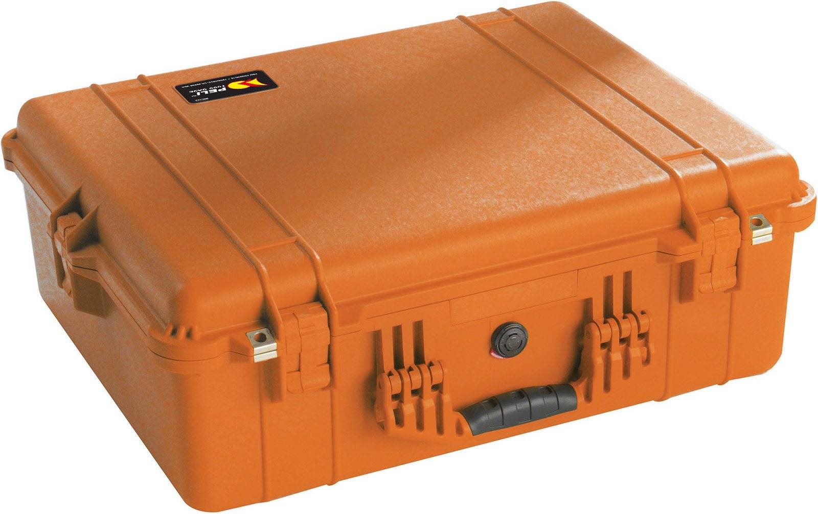 The 1600EU Protector Case, in orange, features a crushproof hard-shell design, two latches, reinforced corners, and a handle, providing reliable protection on a white background.