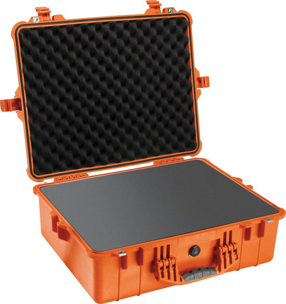 The 1600EU Protector Case is an open orange crushproof case with foam padding in the lid and an empty base compartment, providing durable protection for your items.