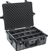 The 1600EU Protector Case is a hard plastic case with an open lid, foam padding, and several adjustable compartments for secure storage.
