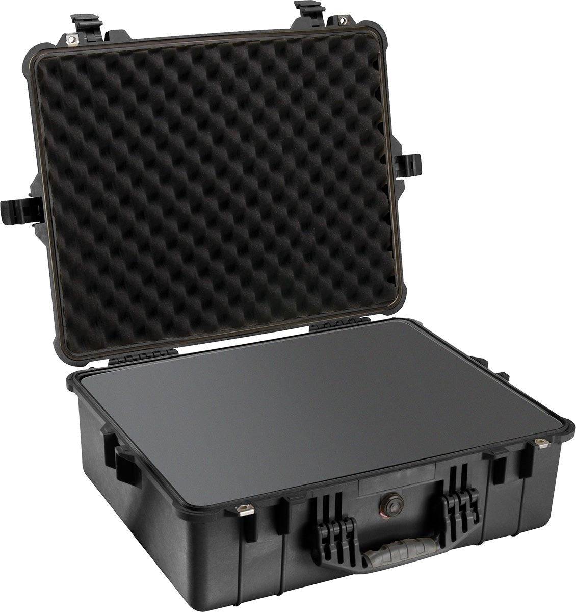 The black 1600EU Protector Case features a hard-shell, crushproof design with a handle and an open view showcasing its foam-padded interior.