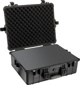 The black 1600EU Protector Case features a hard-shell, crushproof design with a handle and an open view showcasing its foam-padded interior.