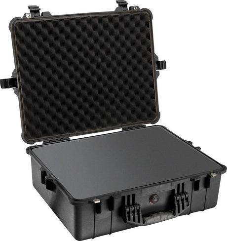 The black 1600EU Protector Case features a hard-shell, crushproof design with a handle and an open view showcasing its foam-padded interior.