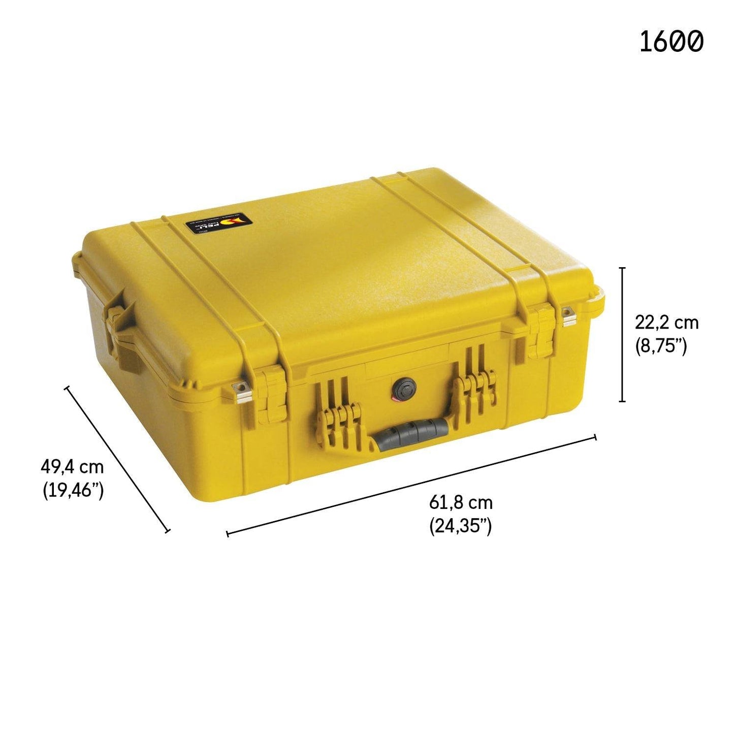 The 1600EU Protector Case is a yellow hard-shell case with a handle, measuring 61.8 cm x 49.4 cm x 22.2 cm, and features the model number "1600" in the upper right corner.