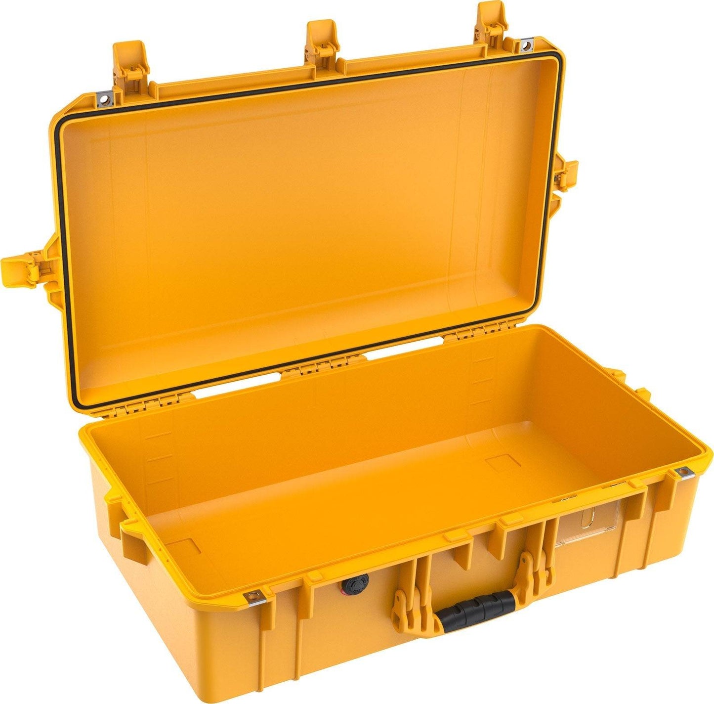 The 1605 Air Case is a yellow, hard plastic waterproof case with its lid open, displaying an empty interior and secure edge latches—perfect for lightweight travel and protection on the go.