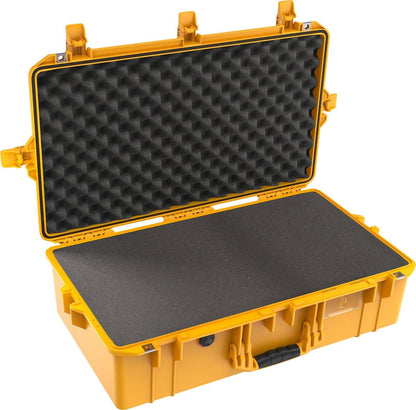 The 1605 Air Case is a yellow hard-shell waterproof case with an open lid, displaying foam padding inside to secure and protect items during transport.