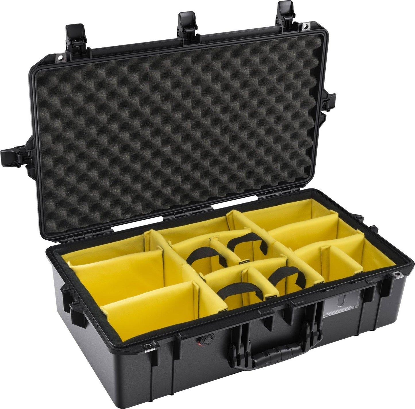 The 1605 Air Case is a black hard-shell waterproof case with a foam-padded lid and yellow adjustable padded dividers, perfect for organizing and transporting equipment.