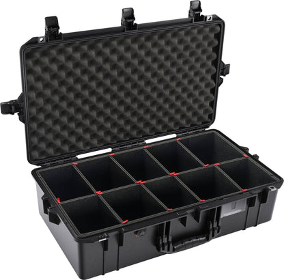 The 1605 Air Case is a black hard-shell lightweight travel case with egg-crate foam in the lid, customizable foam compartments in the base, secure latches, and convenient handles.