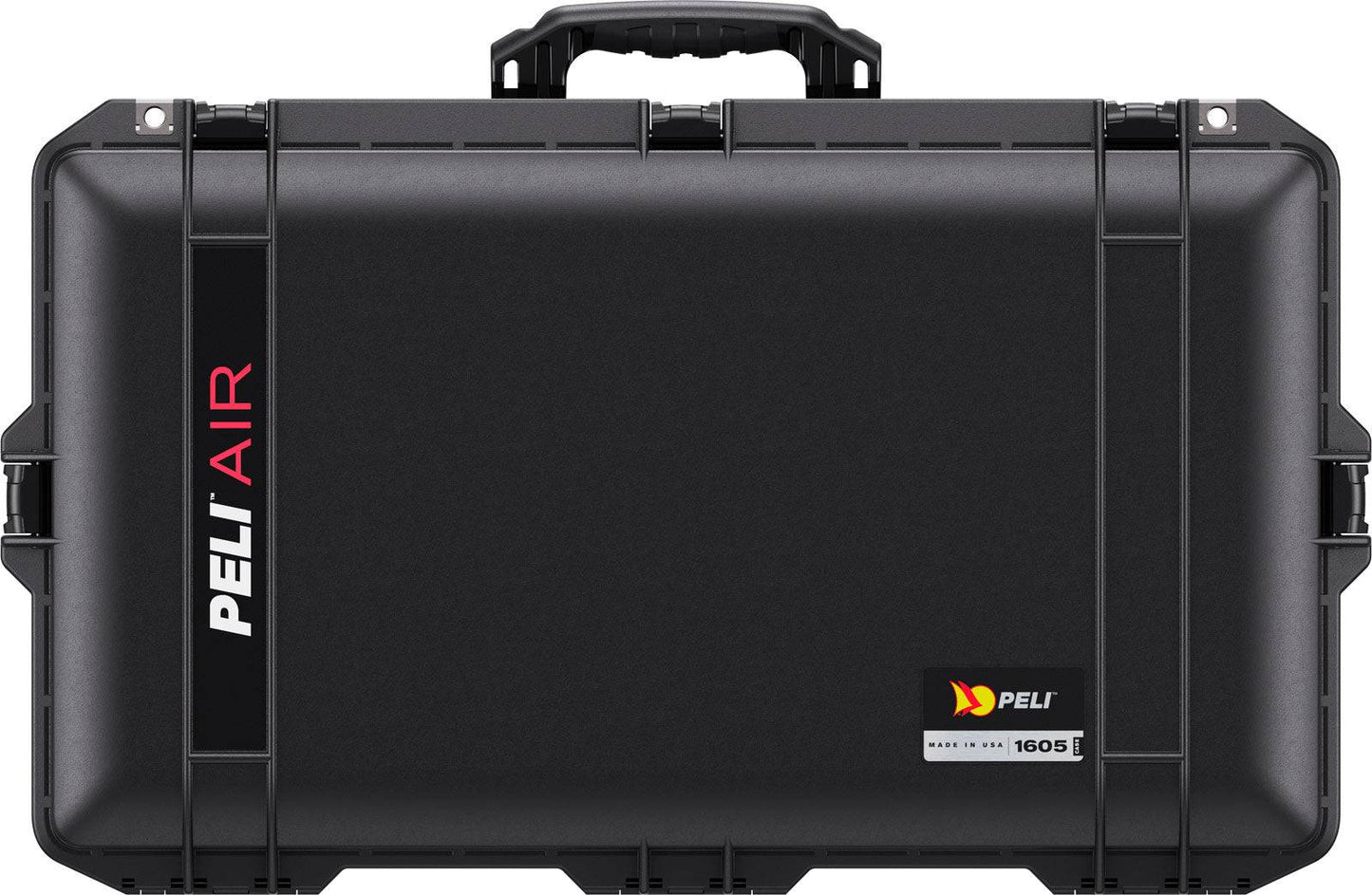 Black hard-shell 1605 Air Case with handle and secure latches, featuring PELI AIR branding on the left and a small label in the bottom right corner.