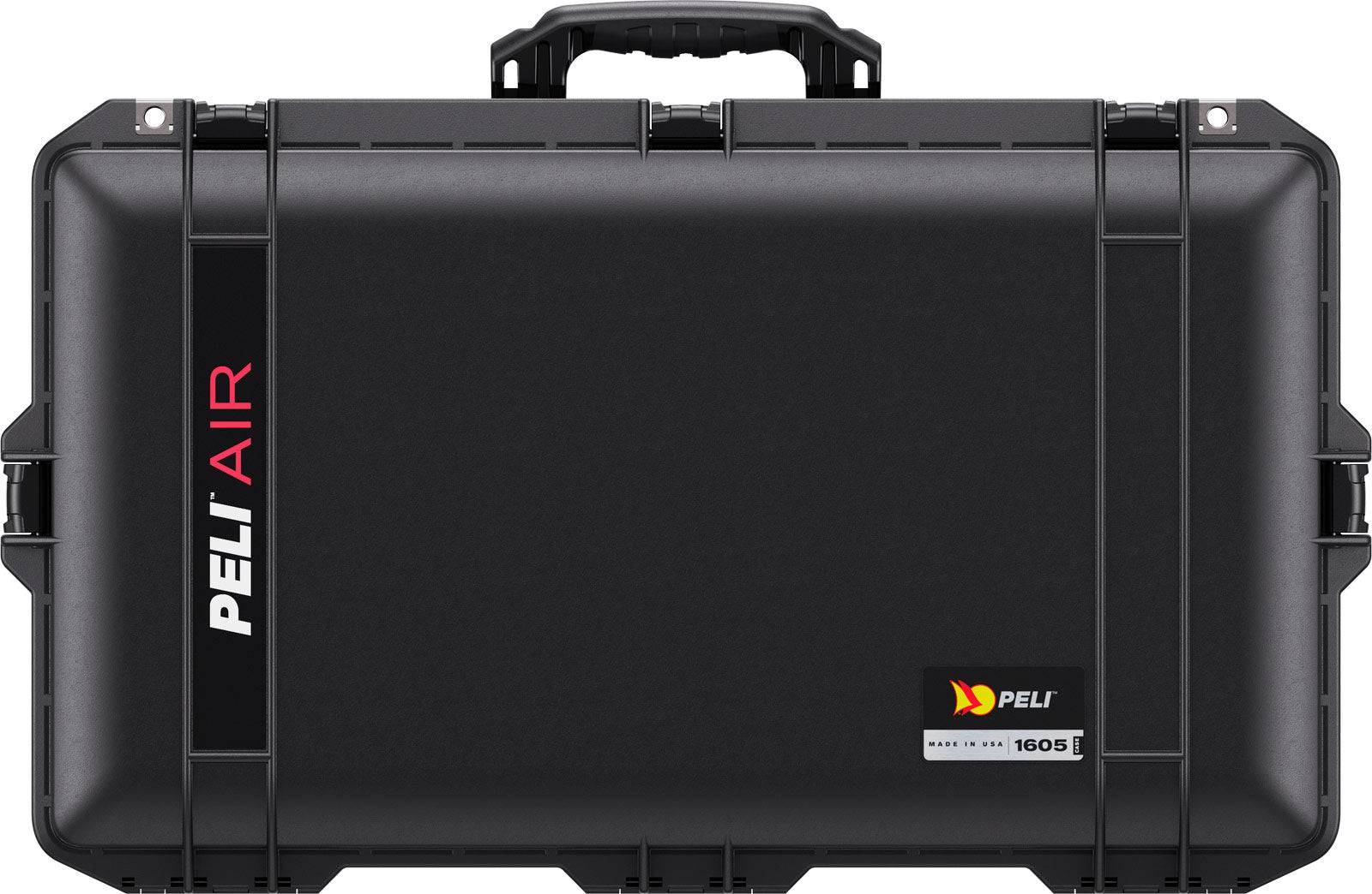Black hard-shell 1605 Air Case with handle and secure latches, featuring PELI AIR branding on the left and a small label in the bottom right corner.