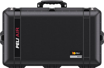 Black hard-shell 1605 Air Case with handle and secure latches, featuring PELI AIR branding on the left and a small label in the bottom right corner.