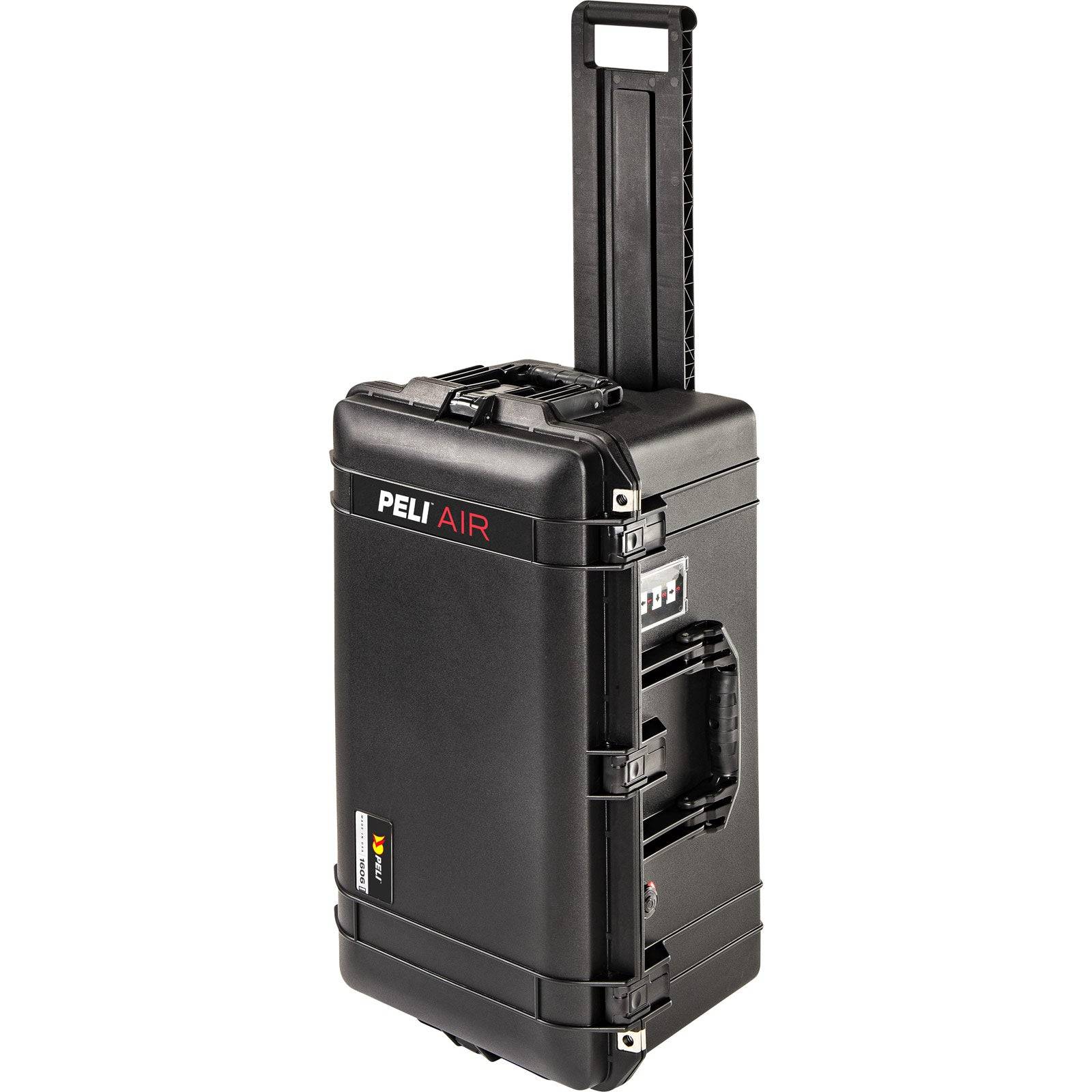 The 1606 Air Case, a black PELI Air Long/Deep Series hard case with wheels, an extended telescopic handle, and secure latches, stands upright. This waterproof protective case keeps your equipment safe anywhere.