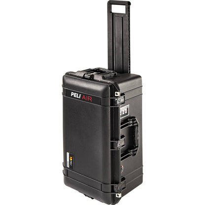 The 1606 Air Case, a black PELI Air Long/Deep Series hard case with wheels, an extended telescopic handle, and secure latches, stands upright. This waterproof protective case keeps your equipment safe anywhere.