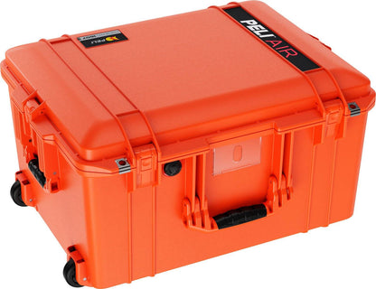 The 1607 Air Case is a bright orange, hard-shell waterproof case with wheels and a handle, ideal for protective storage and transport of equipment.