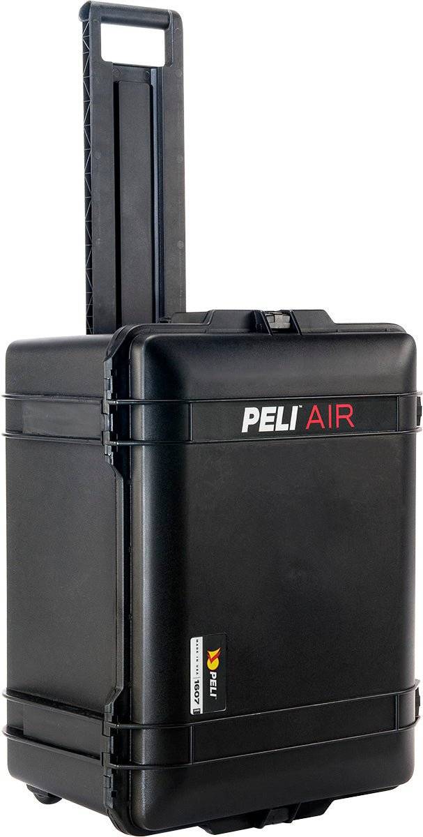 The 1607 Air Case is a black hard-shell PELI case with an extended telescopic handle, designed to be waterproof for secure transport and protection of equipment.
