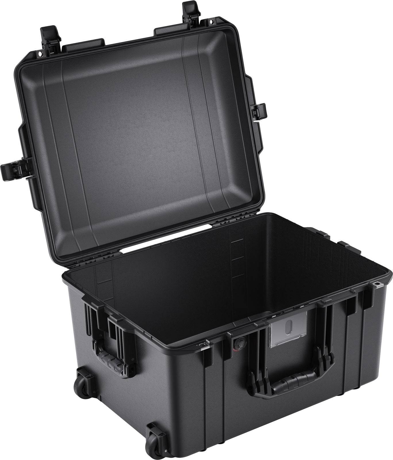 The PELI 1607 Air Case, shown open and empty, features a hard-shell black exterior, waterproof design, spacious interior, wheels, handle, and reinforced corners for ultimate protection.