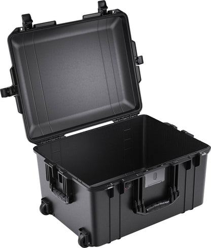 The PELI 1607 Air Case, shown open and empty, features a hard-shell black exterior, waterproof design, spacious interior, wheels, handle, and reinforced corners for ultimate protection.
