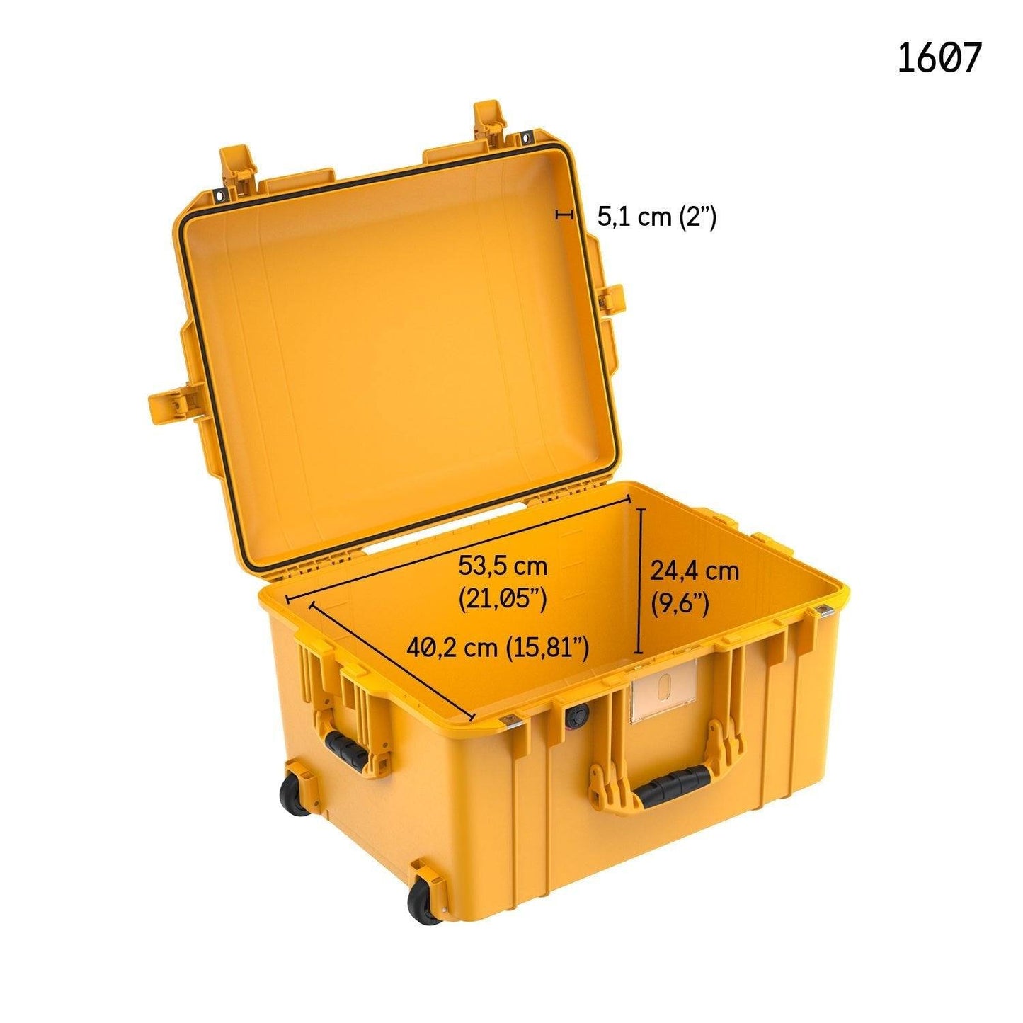 Yellow 1607 Air Case hard-shell waterproof case with its lid open, displaying interior dimensions: 53.5 cm x 40.2 cm x 24.4 cm and a lid depth of 5.1 cm.