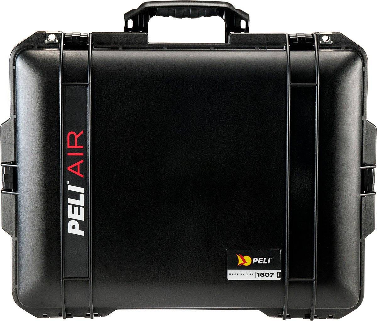 A black 1607 Air Case with a handle and secure clasps, featuring the Peli Air logo on the left and a 1607 label on the bottom right corner.