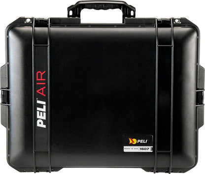 A black 1607 Air Case with a handle and secure clasps, featuring the Peli Air logo on the left and a 1607 label on the bottom right corner.