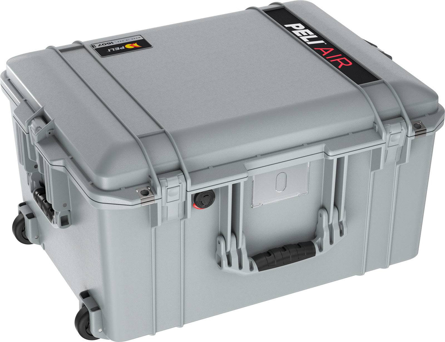 The 1607 Air Case is a gray PELI Air hard-shell waterproof case with black handles, latches, and wheels, designed for maximum protection on the go.