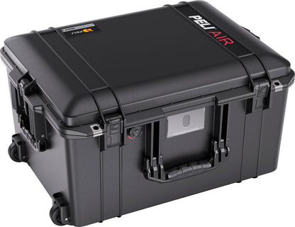 The black 1607 Air Case is a PELI waterproof case with wheels, handles, secure latches, and a visible logo on the lid.