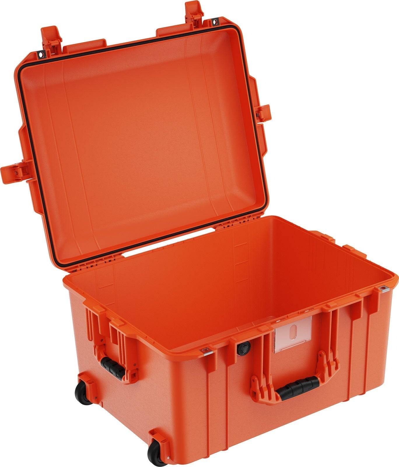 The 1607 Air Case is a large, empty, hard-shell orange waterproof case with wheels and a handle, shown open with its lid up.