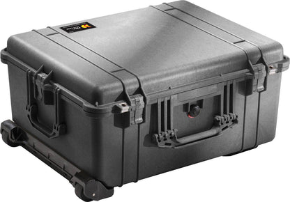 The 1610EU Protector Case is a black PELI case with secure latches, a handle, and built-in wheels, shown on a white background. This crushproof case provides reliable protection for your equipment.